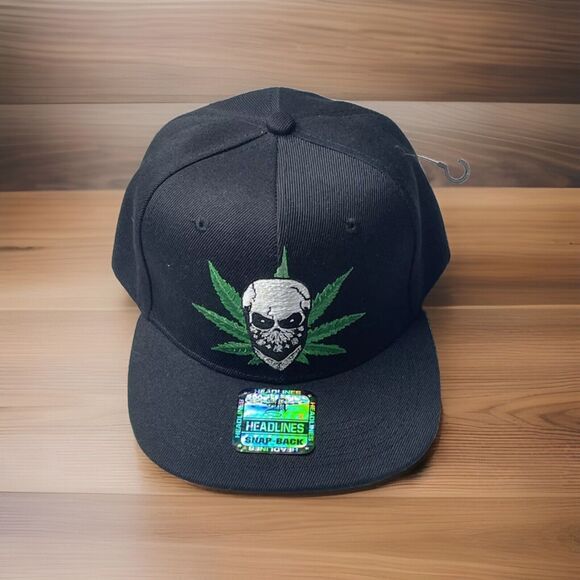 Marijuana Leaf Hat Headlines Snapback Black Green Skeleton Pot Leaf Cap - Picture 1 of 9